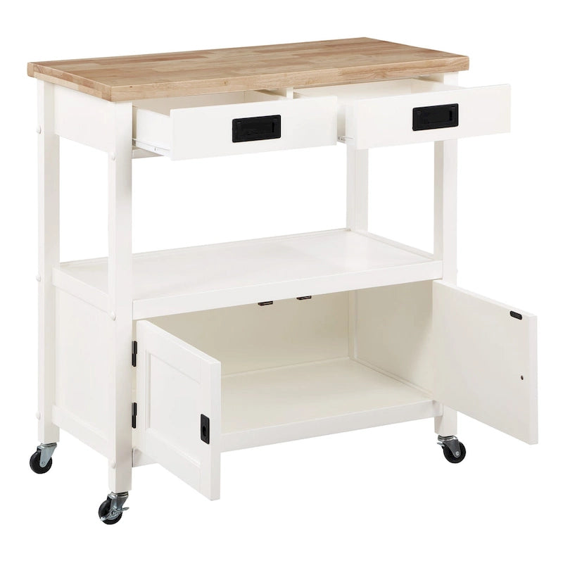 Farmhouse Kitchen Cart with Wood Top, 2 Drawers & Storage Compartments, 34.75"W