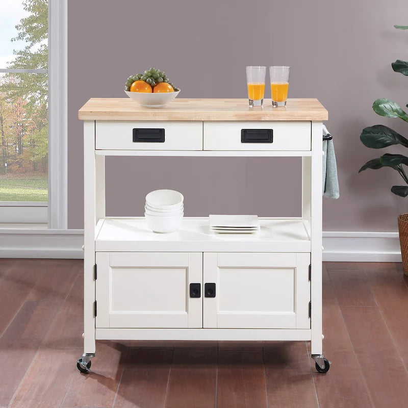 Farmhouse Kitchen Cart with Wood Top, 2 Drawers & Storage Compartments, 34.75"W