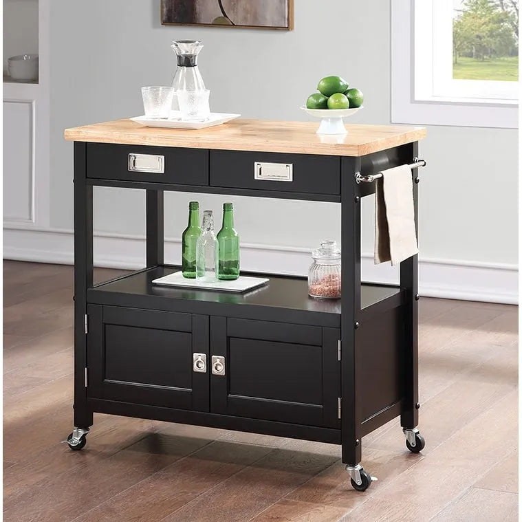 Farmhouse Kitchen Cart with Wood Top, 2 Drawers & Storage Compartments, 34.75"W