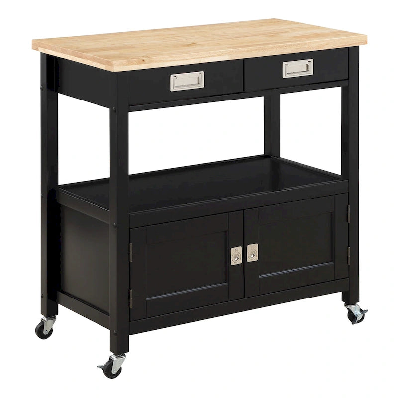 Farmhouse Kitchen Cart with Wood Top, 2 Drawers & Storage Compartments, 34.75"W