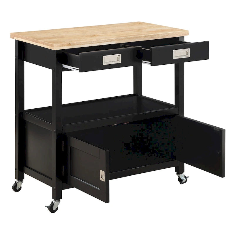 Farmhouse Kitchen Cart with Wood Top, 2 Drawers & Storage Compartments, 34.75"W