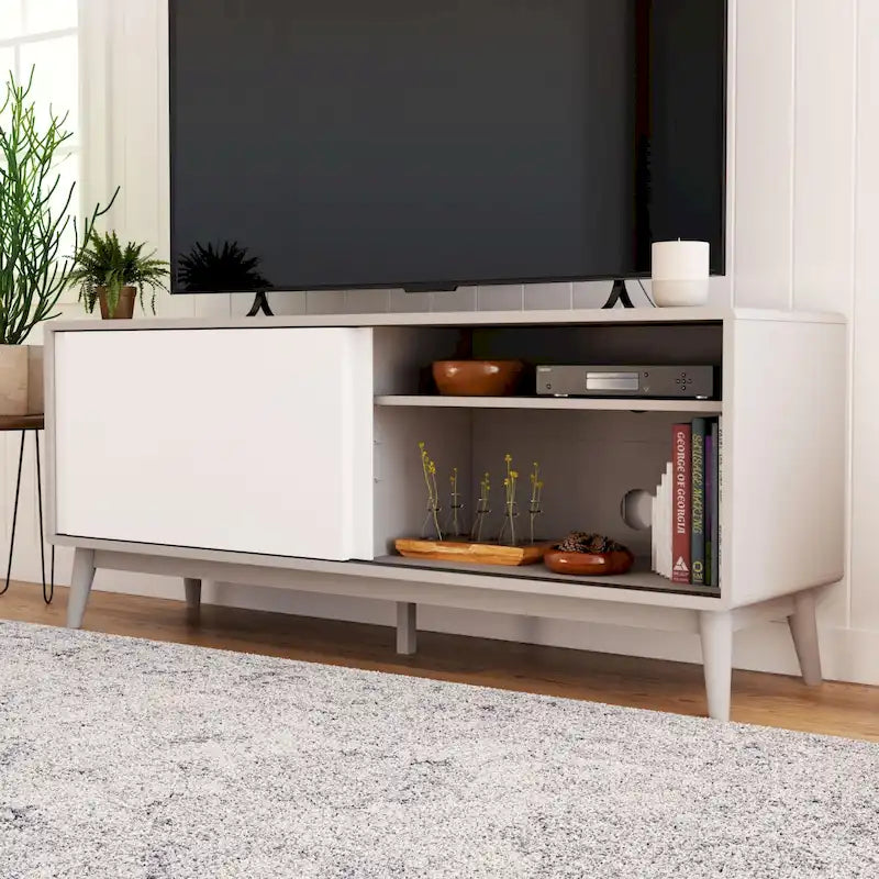 Mid-Century Modern TV Stand, Sliding Doors & Cable Management, Fits 65" TV, 58"W