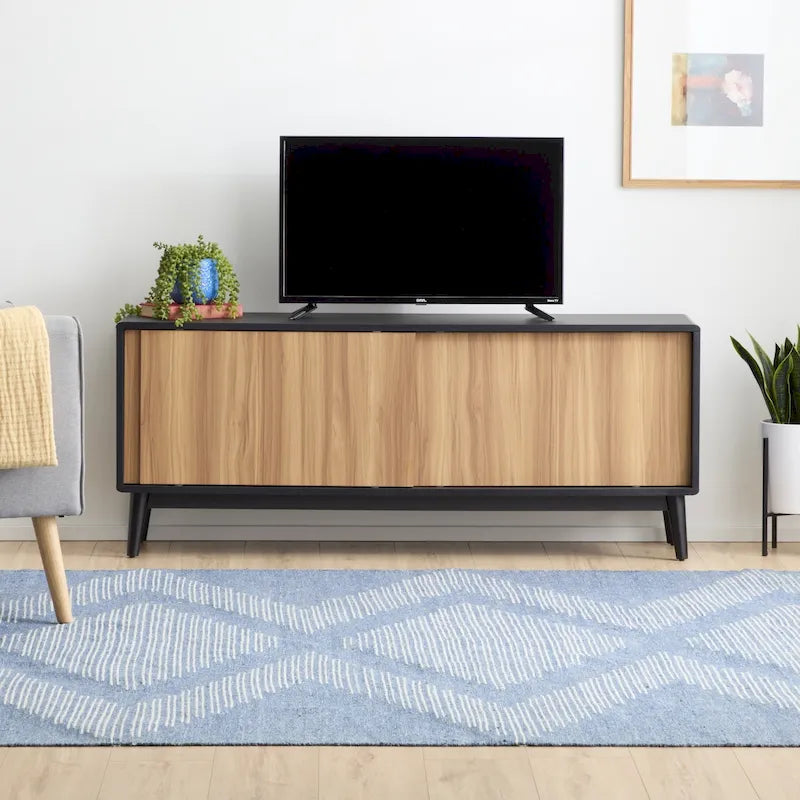 Mid-Century Modern TV Stand, Sliding Doors & Cable Management, Fits 65" TV, 58"W