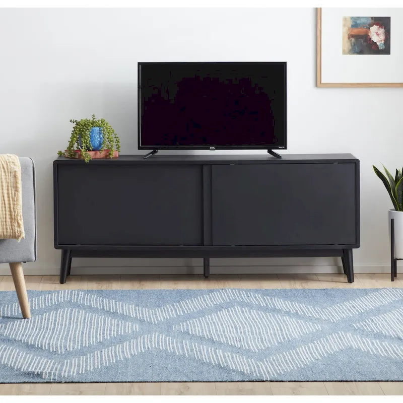 Mid-Century Modern TV Stand, Sliding Doors & Cable Management, Fits 65" TV, 58"W