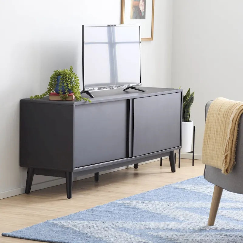 Mid-Century Modern TV Stand, Sliding Doors & Cable Management, Fits 65" TV, 58"W