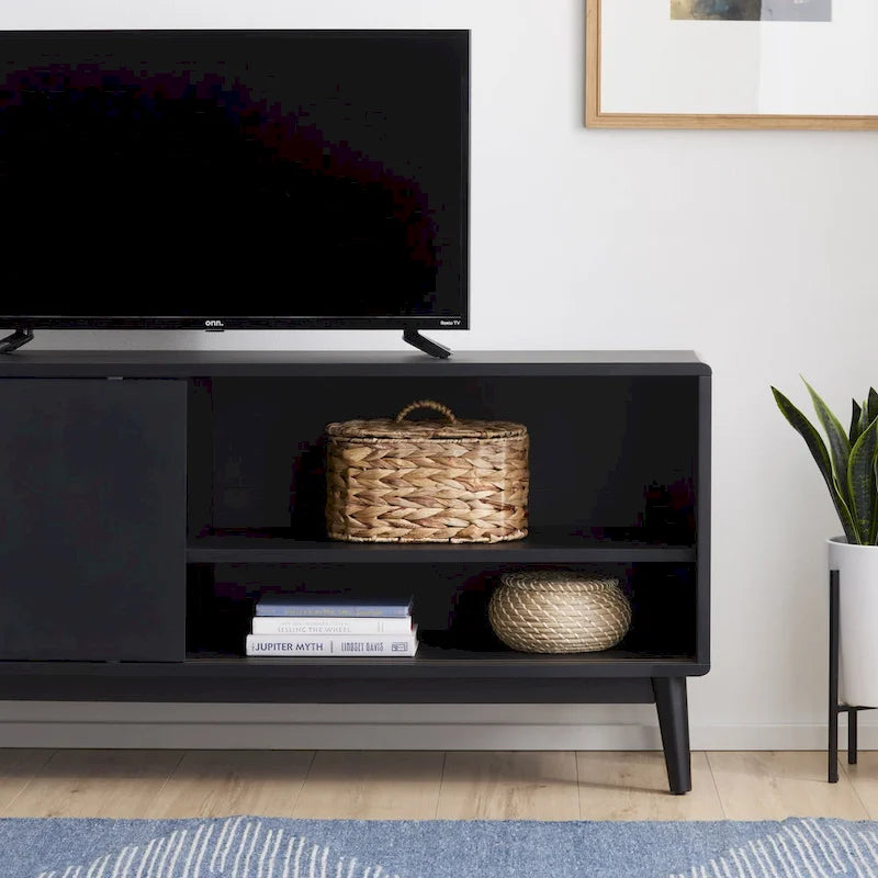 Mid-Century Modern TV Stand, Sliding Doors & Cable Management, Fits 65" TV, 58"W