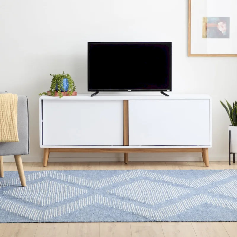 Mid-Century Modern TV Stand, Sliding Doors & Cable Management, Fits 65" TV, 58"W