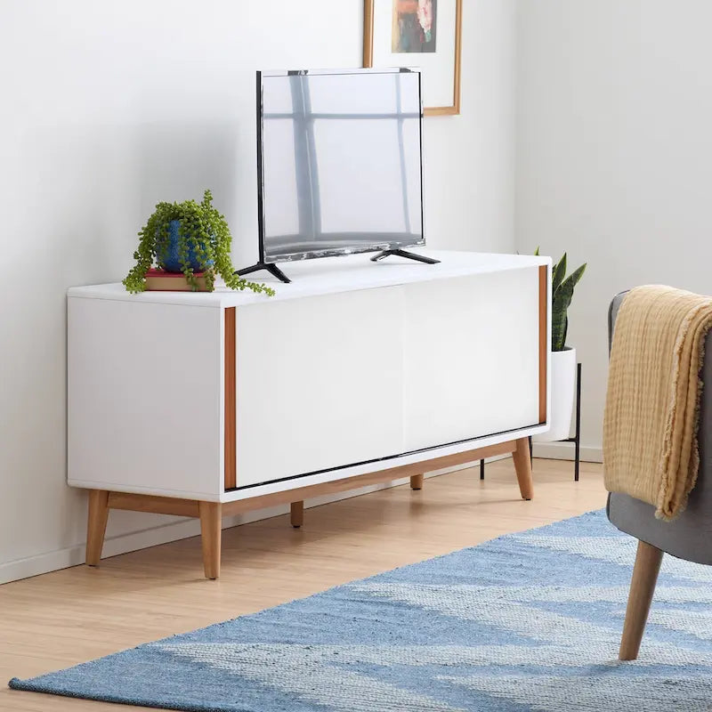 Mid-Century Modern TV Stand, Sliding Doors & Cable Management, Fits 65" TV, 58"W