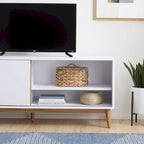 Mid-Century Modern TV Stand, Sliding Doors & Cable Management, Fits 65" TV, 58"W