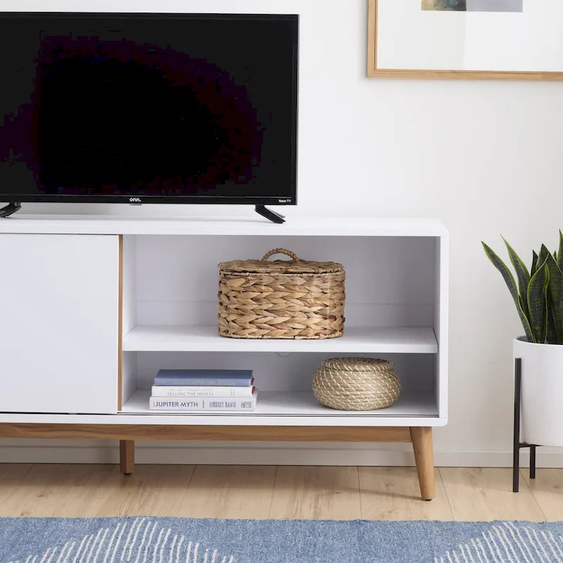Mid-Century Modern TV Stand, Sliding Doors & Cable Management, Fits 65" TV, 58"W