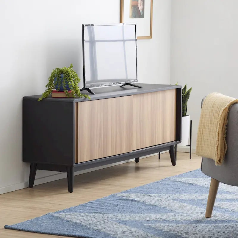 Mid-Century Modern TV Stand, Sliding Doors & Cable Management, Fits 65" TV, 58"W