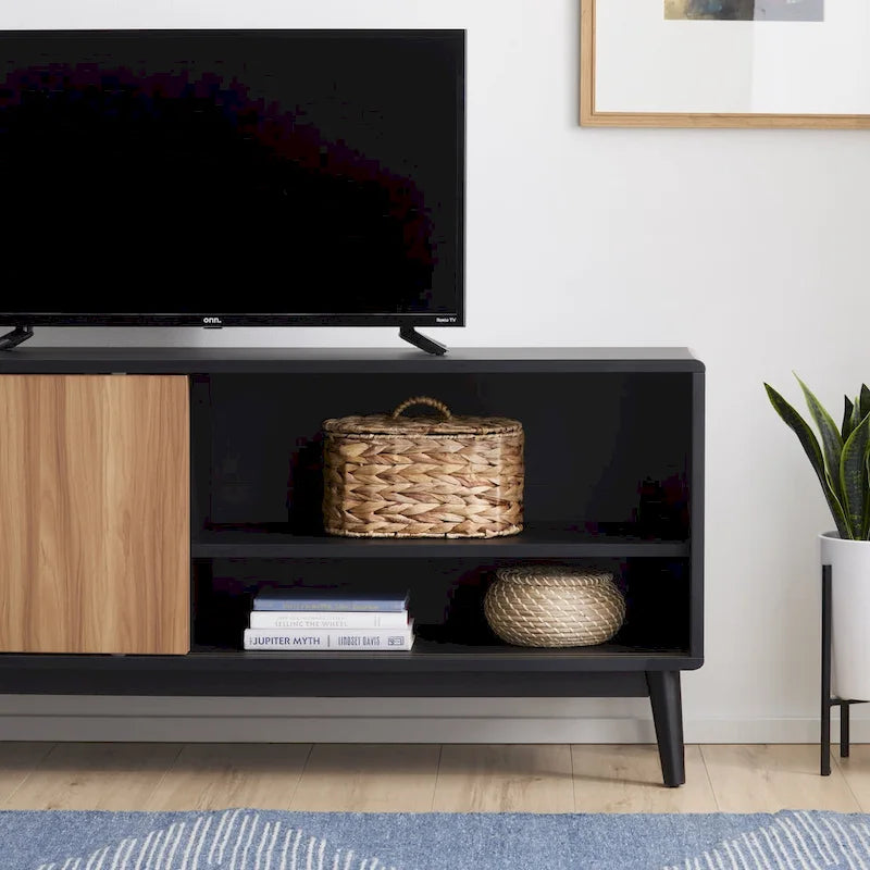 Mid-Century Modern TV Stand, Sliding Doors & Cable Management, Fits 65" TV, 58"W