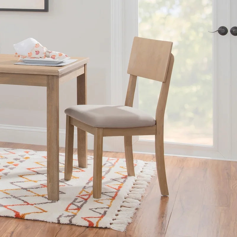 Boho Farmhouse Dining Side Chair, Solid Acacia Wood, Padded Seat, Set of 2