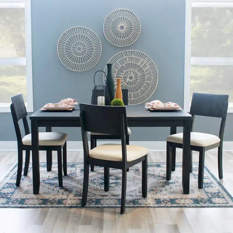 Boho Farmhouse Dining Side Chair, Solid Acacia Wood, Padded Seat, Set of 2