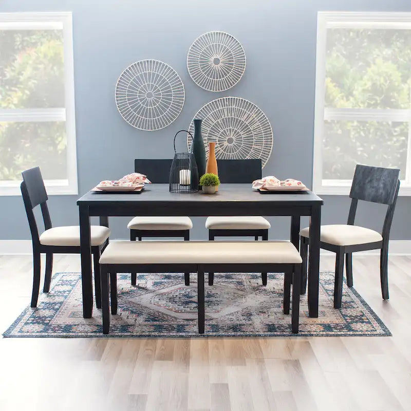 Boho Farmhouse Dining Side Chair, Solid Acacia Wood, Padded Seat, Set of 2