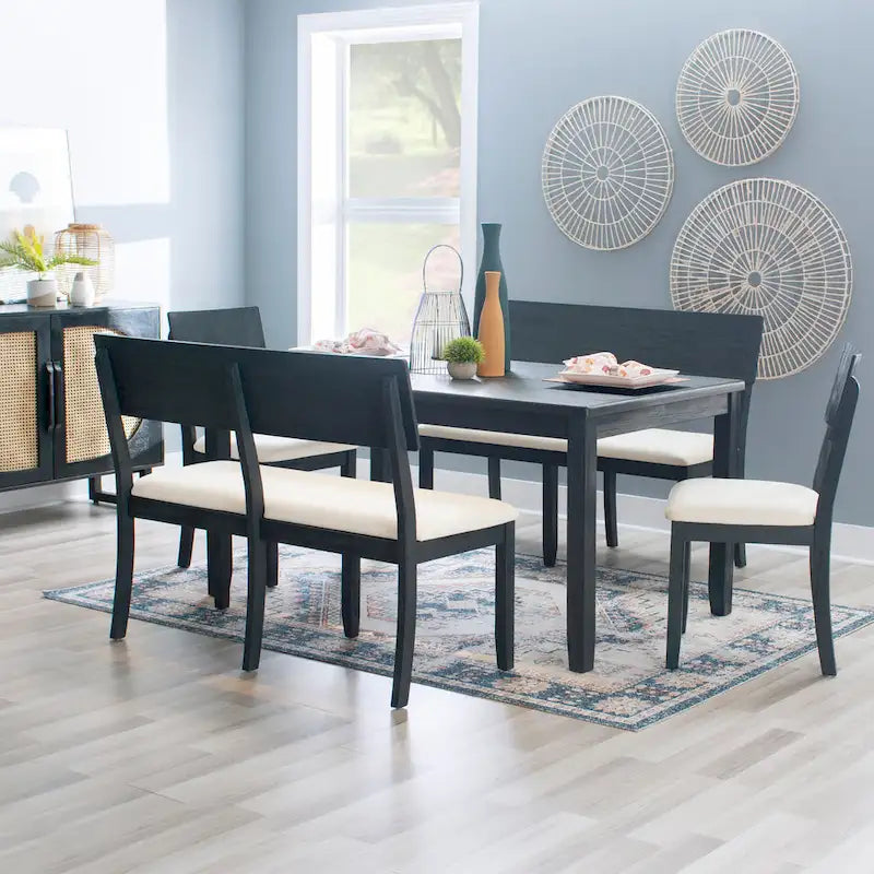 Boho Farmhouse Dining Side Chair, Solid Acacia Wood, Padded Seat, Set of 2