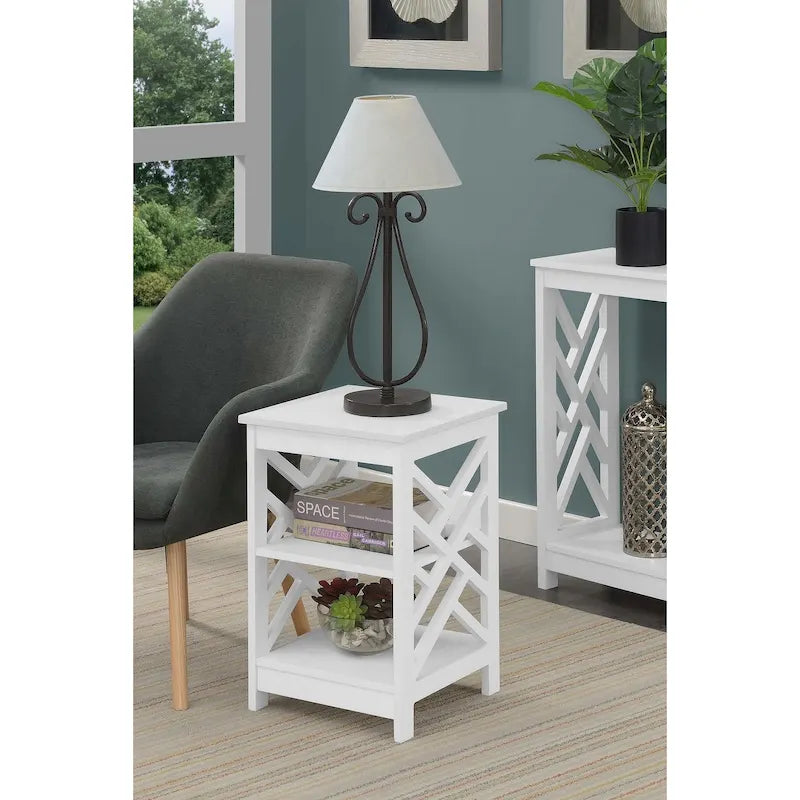 Transitional MDF End Table with 3-Tier Shelving, Geometric Panel Design, 15.75"