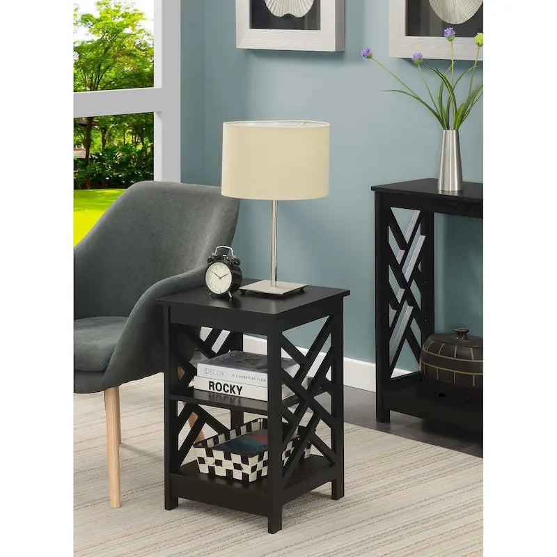 Transitional MDF End Table with 3-Tier Shelving, Geometric Panel Design, 15.75"