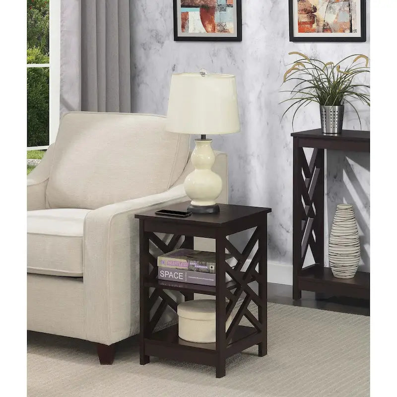Transitional MDF End Table with 3-Tier Shelving, Geometric Panel Design, 15.75"