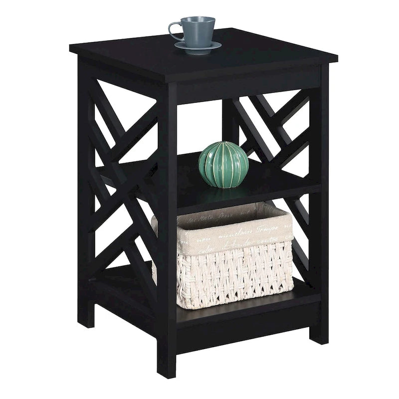 Transitional MDF End Table with 3-Tier Shelving, Geometric Panel Design, 15.75"