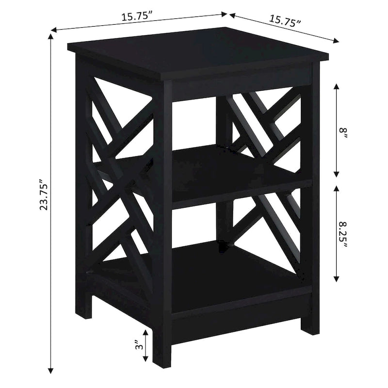 Transitional MDF End Table with 3-Tier Shelving, Geometric Panel Design, 15.75"