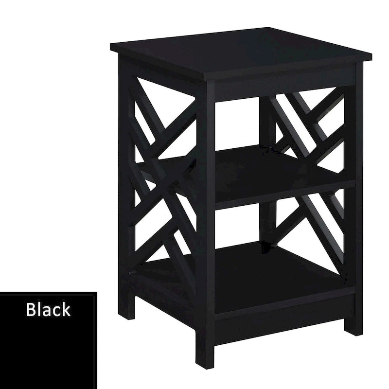 Transitional MDF End Table with 3-Tier Shelving, Geometric Panel Design, 15.75"