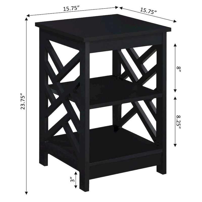 Transitional MDF End Table with 3-Tier Shelving, Geometric Panel Design, 15.75"