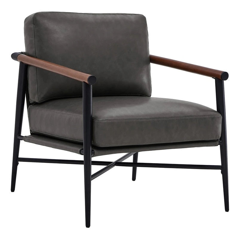 Mid-Century Modern Accent Chair, Matte Black Metal Frame & Wood Armrests, 350 lbs