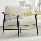 Mid-Century Modern Accent Chair, Matte Black Metal Frame & Wood Armrests, 350 lbs