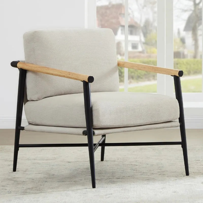 Mid-Century Modern Accent Chair, Matte Black Metal Frame & Wood Armrests, 350 lbs