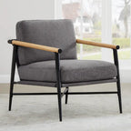 Mid-Century Modern Accent Chair, Matte Black Metal Frame & Wood Armrests, 350 lbs