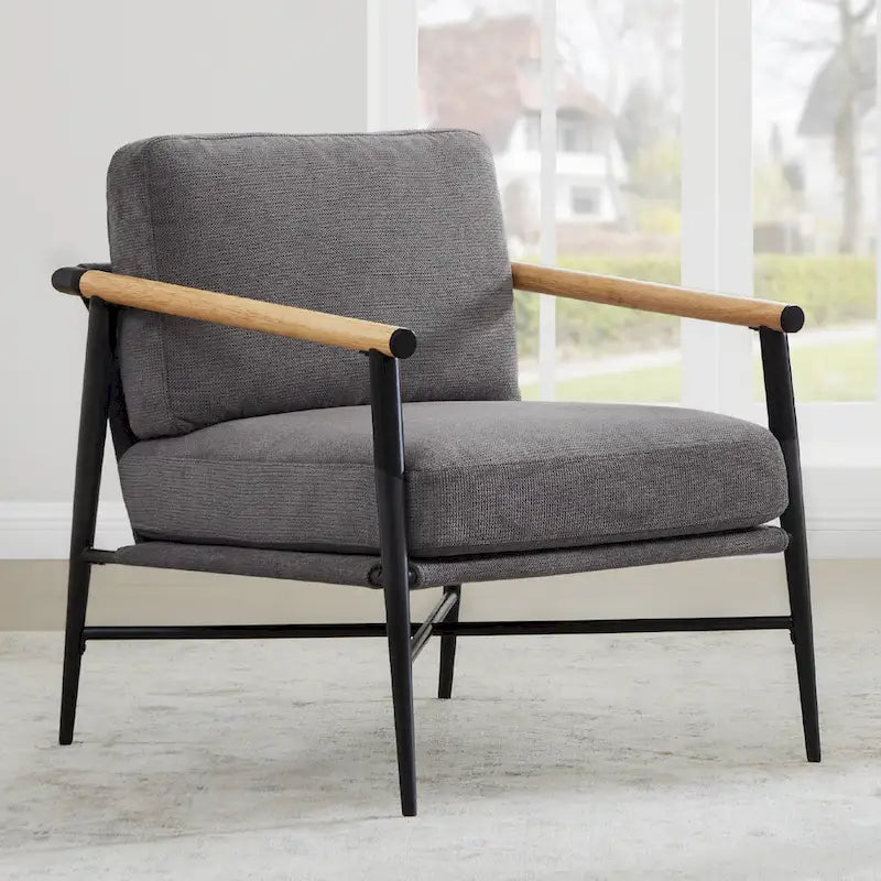 Mid-Century Modern Accent Chair, Matte Black Metal Frame & Wood Armrests, 350 lbs