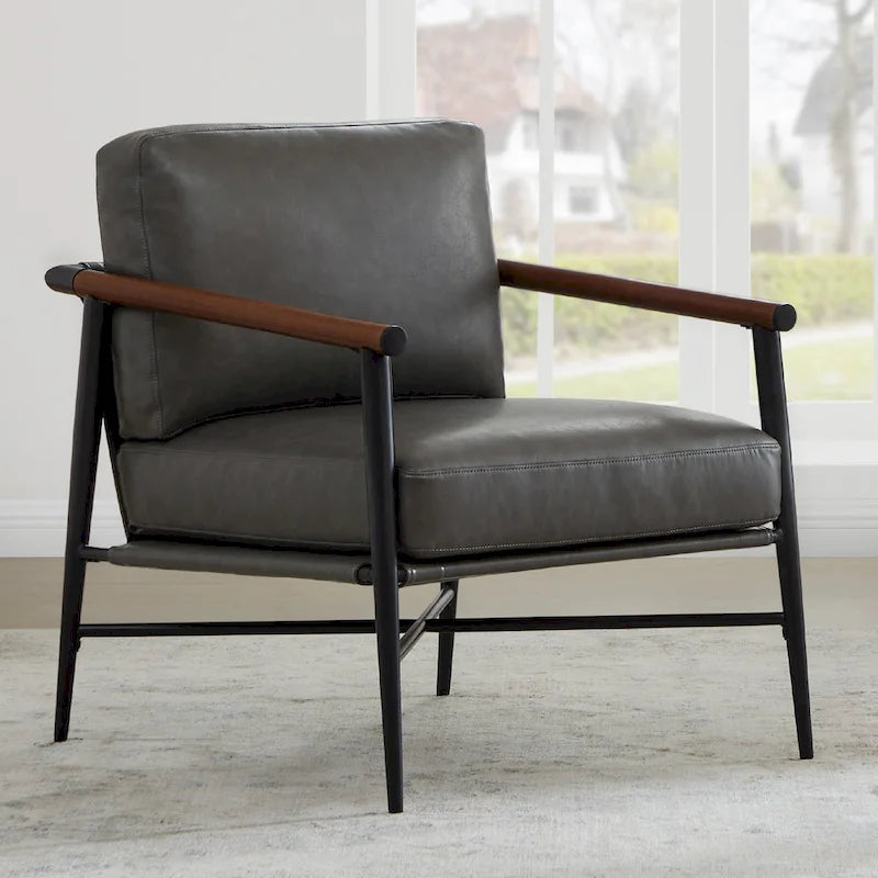Mid-Century Modern Accent Chair, Matte Black Metal Frame & Wood Armrests, 350 lbs