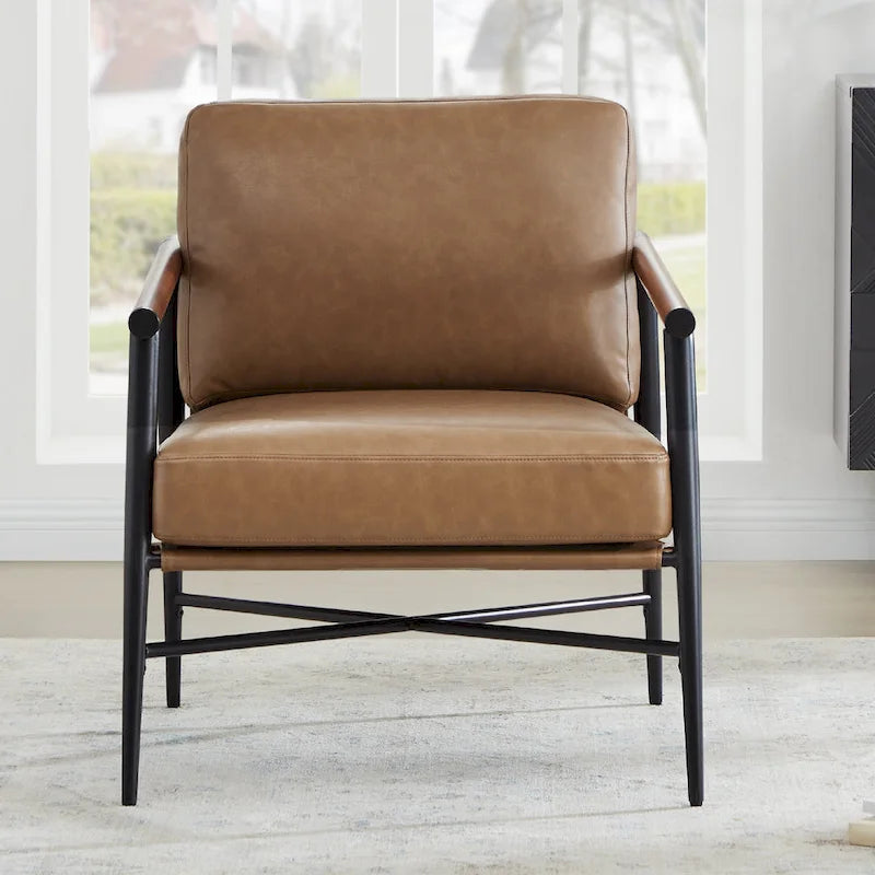 Mid-Century Modern Accent Chair, Matte Black Metal Frame & Wood Armrests, 350 lbs