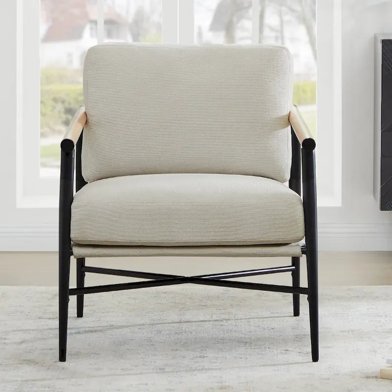 Mid-Century Modern Accent Chair, Matte Black Metal Frame & Wood Armrests, 350 lbs