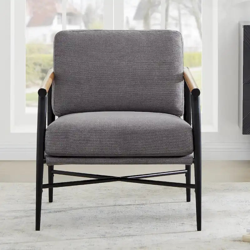 Mid-Century Modern Accent Chair, Matte Black Metal Frame & Wood Armrests, 350 lbs