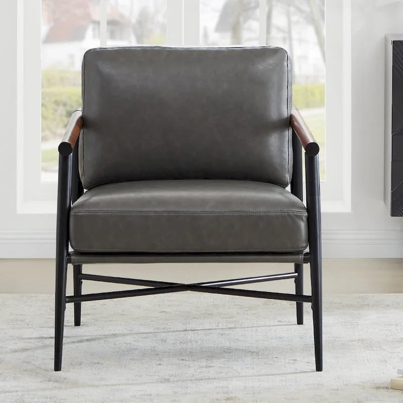 Mid-Century Modern Accent Chair, Matte Black Metal Frame & Wood Armrests, 350 lbs