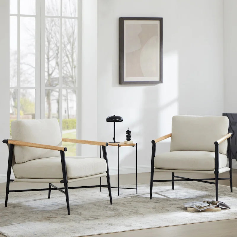 Mid-Century Modern Accent Chair, Matte Black Metal Frame & Wood Armrests, 350 lbs