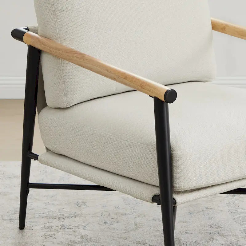 Mid-Century Modern Accent Chair, Matte Black Metal Frame & Wood Armrests, 350 lbs