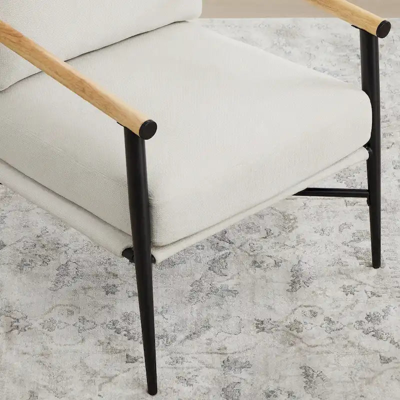 Mid-Century Modern Accent Chair, Matte Black Metal Frame & Wood Armrests, 350 lbs