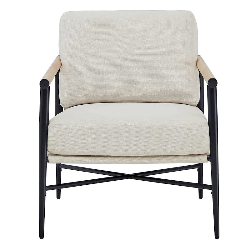 Mid-Century Modern Accent Chair, Matte Black Metal Frame & Wood Armrests, 350 lbs