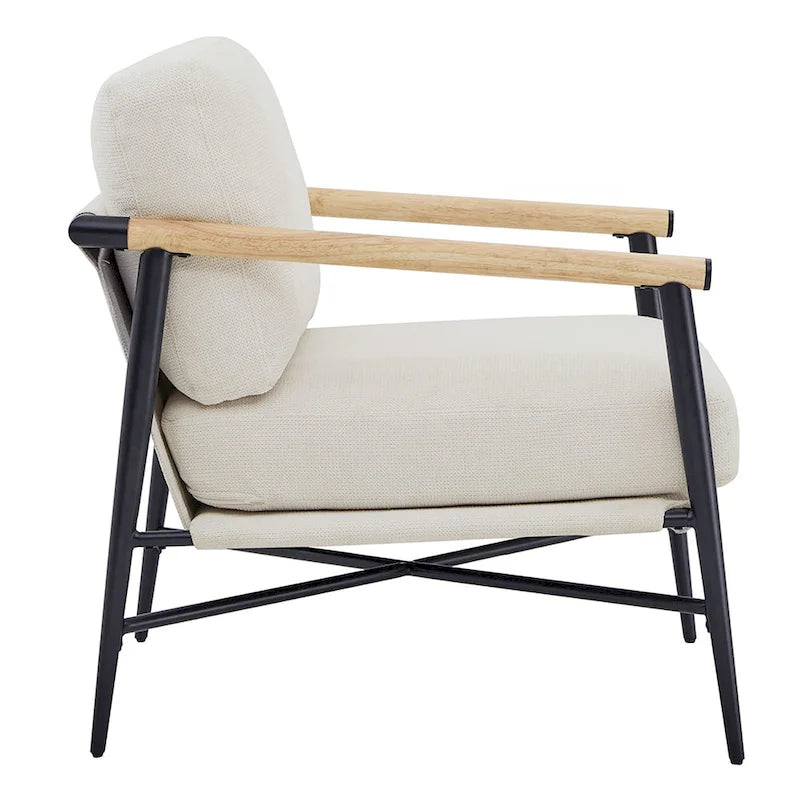 Mid-Century Modern Accent Chair, Matte Black Metal Frame & Wood Armrests, 350 lbs