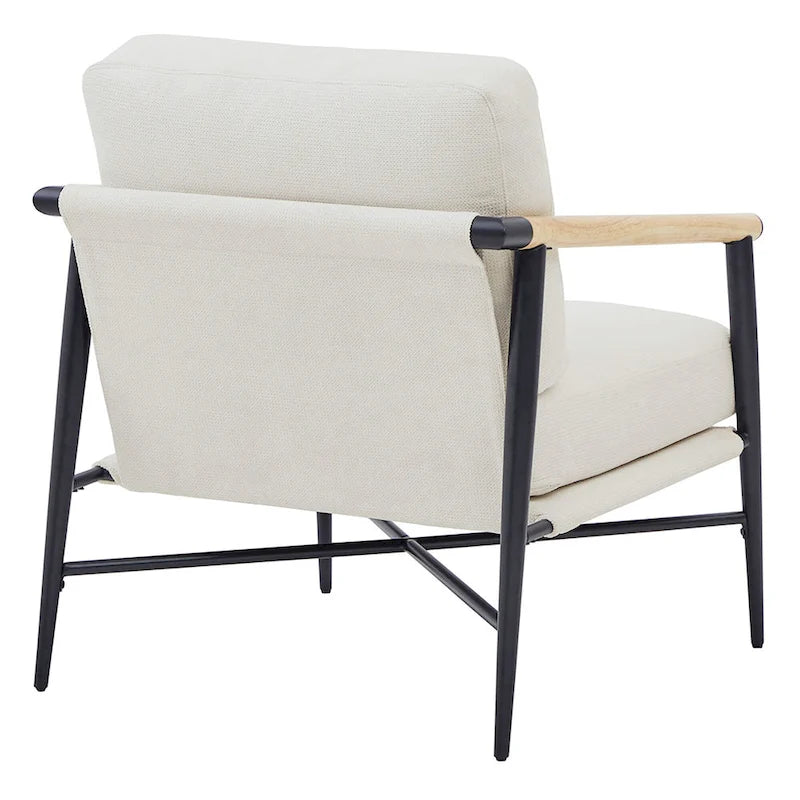 Mid-Century Modern Accent Chair, Matte Black Metal Frame & Wood Armrests, 350 lbs