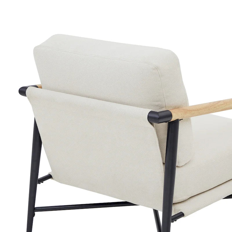 Mid-Century Modern Accent Chair, Matte Black Metal Frame & Wood Armrests, 350 lbs
