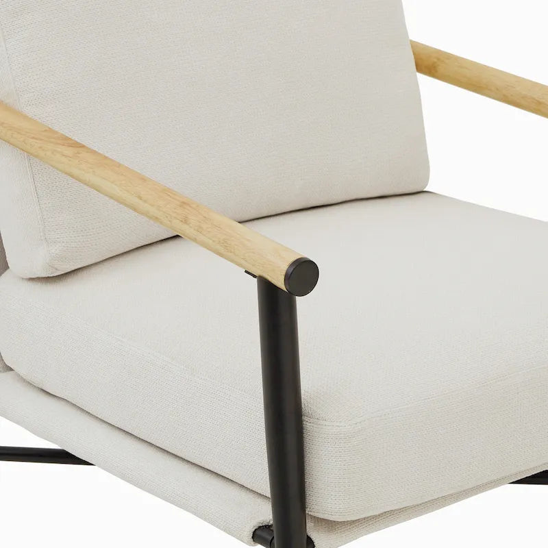 Mid-Century Modern Accent Chair, Matte Black Metal Frame & Wood Armrests, 350 lbs