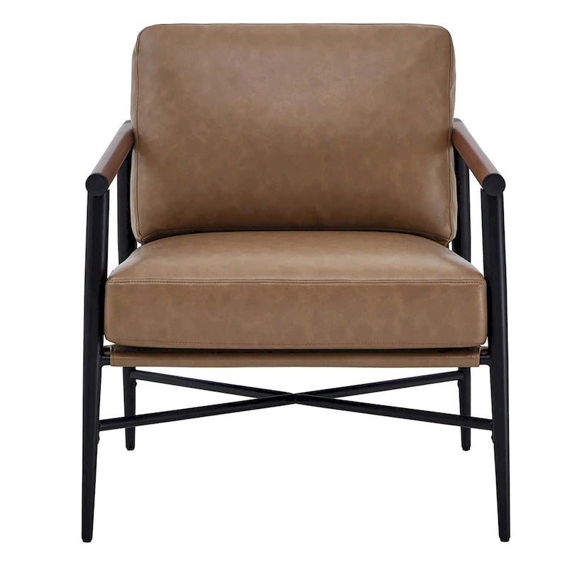 Mid-Century Modern Accent Chair, Matte Black Metal Frame & Wood Armrests, 350 lbs