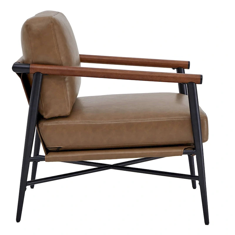 Mid-Century Modern Accent Chair, Matte Black Metal Frame & Wood Armrests, 350 lbs
