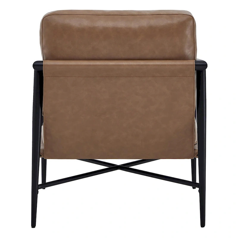Mid-Century Modern Accent Chair, Matte Black Metal Frame & Wood Armrests, 350 lbs