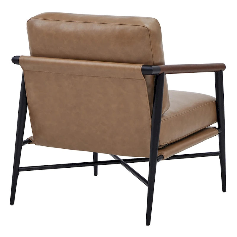 Mid-Century Modern Accent Chair, Matte Black Metal Frame & Wood Armrests, 350 lbs
