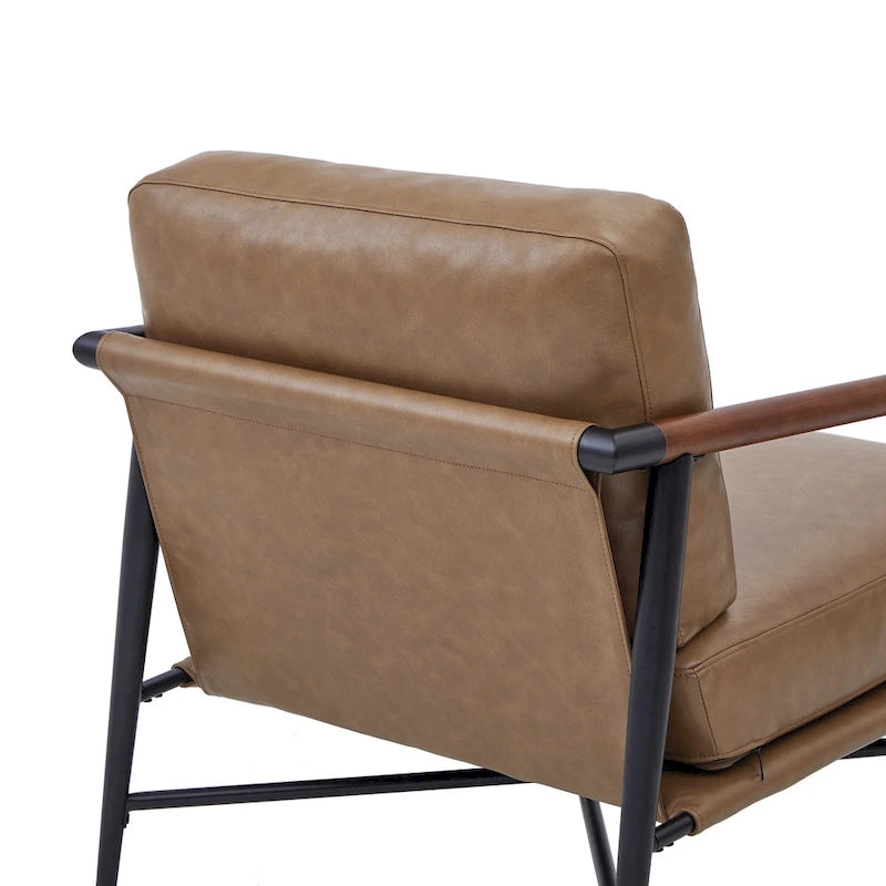 Mid-Century Modern Accent Chair, Matte Black Metal Frame & Wood Armrests, 350 lbs